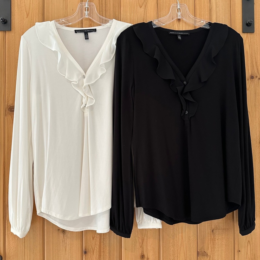 White House Black Market Ruffle V-Neck Blouse in Black and Ivory